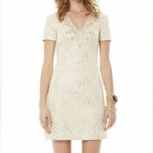 Lilly Pulitzer Milannia Gold Metallic Zebra Stripe Jacquard Shift Dress Size 8